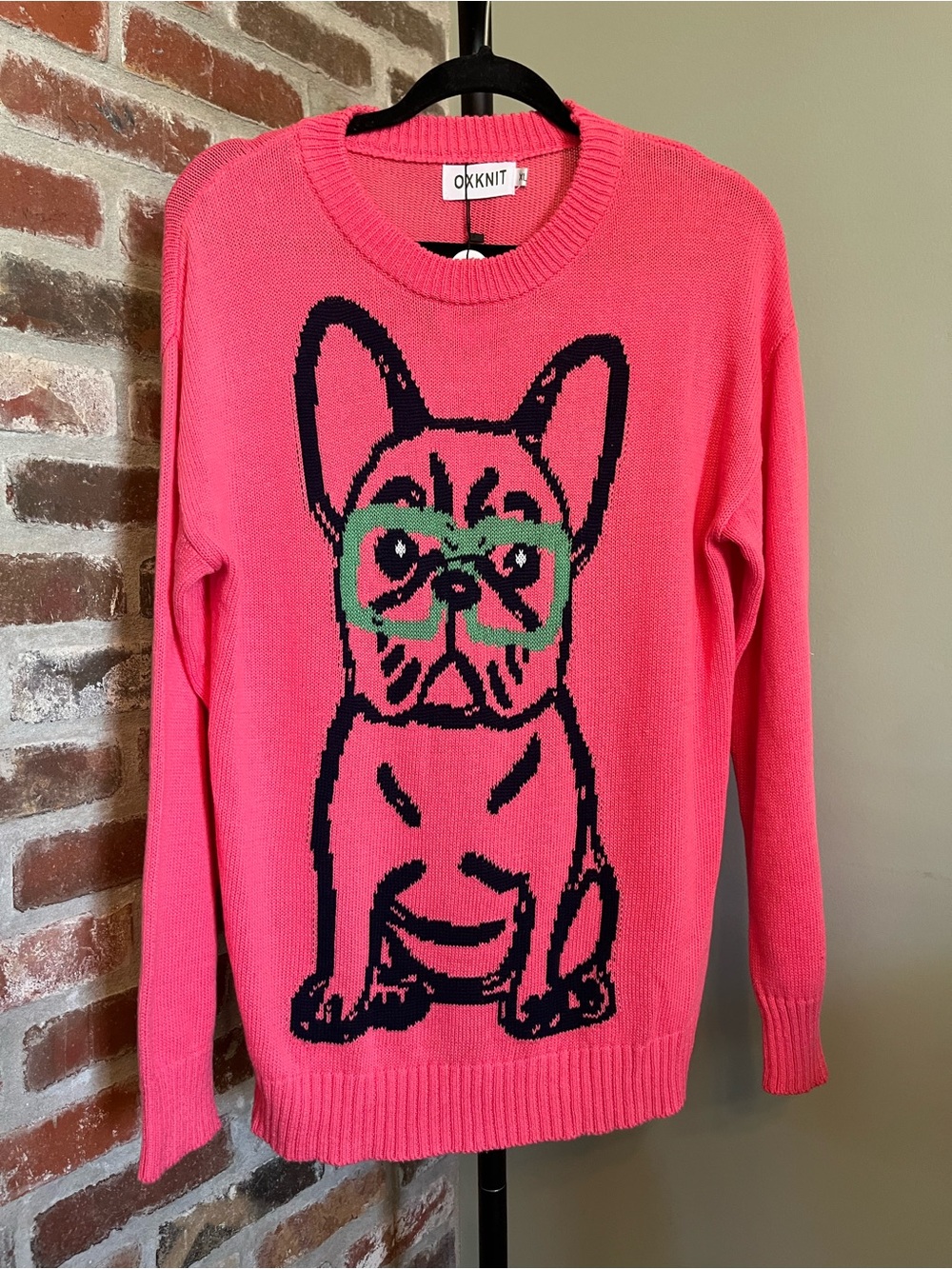 Oxknit HOT PINK FRENCH BULLDOG SWEATER NWT | size XL